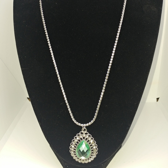 Silvertone Crystal Green Teardrop Necklace - Picture 2 of 5